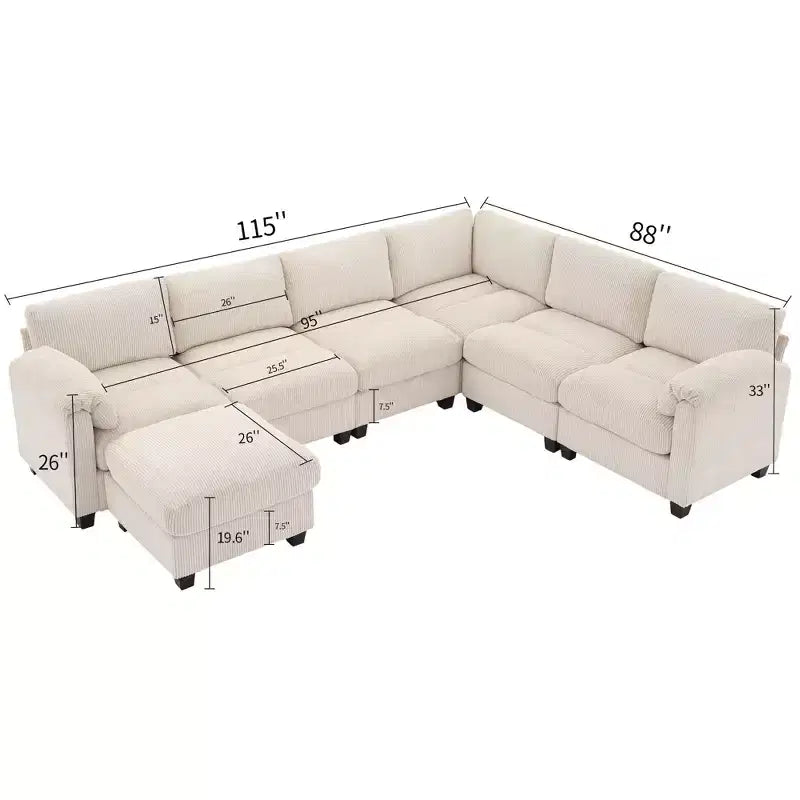 Divano sezionale modulare oversize Hyleory 115 in velluto a coste, divano a U con pouf mobile, grande divano angolare a 7 posti per soggiorno