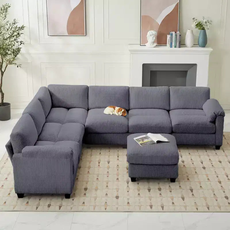 Divano sezionale modulare oversize Hyleory 115 in velluto a coste, divano a U con pouf mobile, grande divano angolare a 7 posti per soggiorno