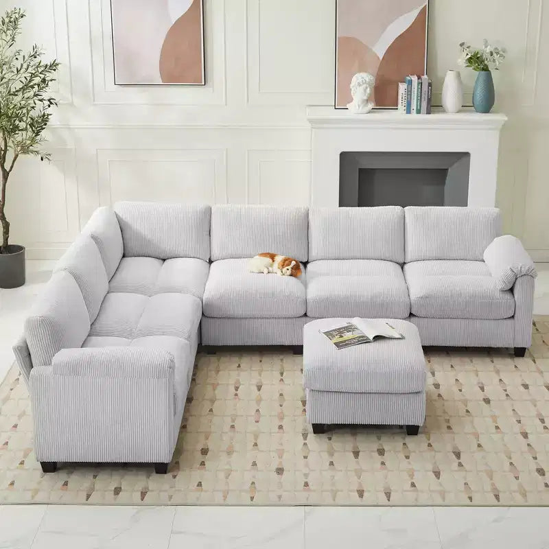 Divano sezionale modulare oversize Hyleory 115 in velluto a coste, divano a U con pouf mobile, grande divano angolare a 7 posti per soggiorno