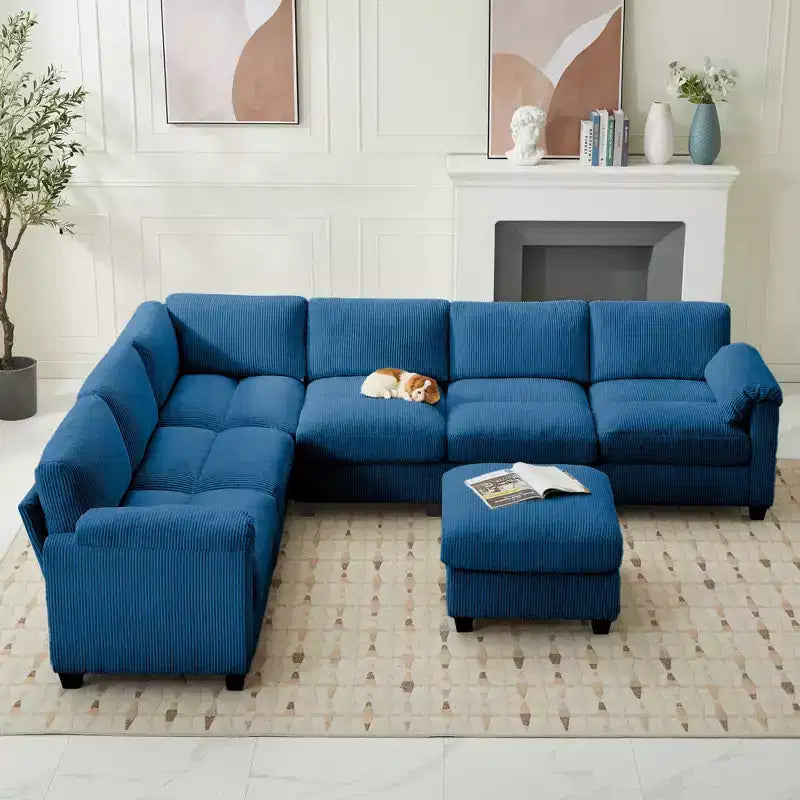 Divano sezionale modulare oversize Hyleory 115 in velluto a coste, divano a U con pouf mobile, grande divano angolare a 7 posti per soggiorno