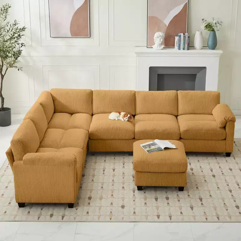 Divano sezionale modulare oversize Hyleory 115 in velluto a coste, divano a U con pouf mobile, grande divano angolare a 7 posti per soggiorno