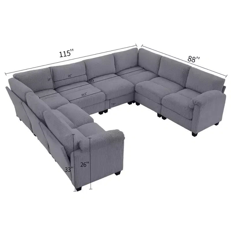 Divano modulare componibile oversize in velluto a coste Hyleory 115, divano a U, grande divano angolare a 8 posti per soggiorno, ufficio, spazi ampi