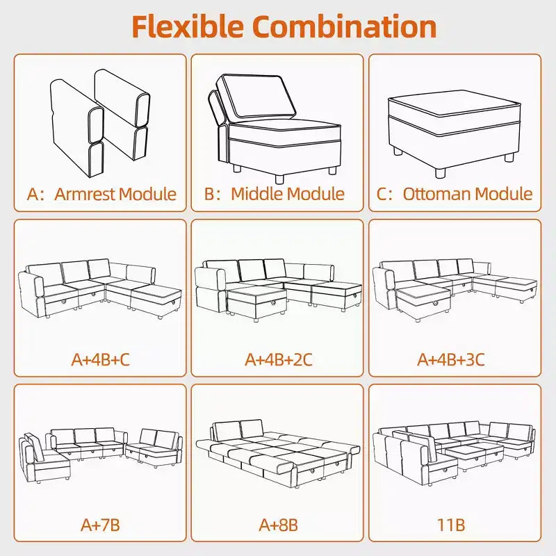 Canapé d'angle réversible en chenille, canapé modulable 9 places, canapé modulable en U avec rangements, poufs et méridienne