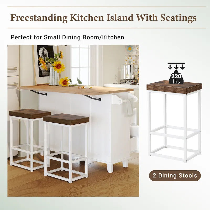 TOPMAX Kitchen Island Set with Drop Leaf and 2 Seatings, Dining Table Set with Adjustable Shelf, Drawers and Towel Rack