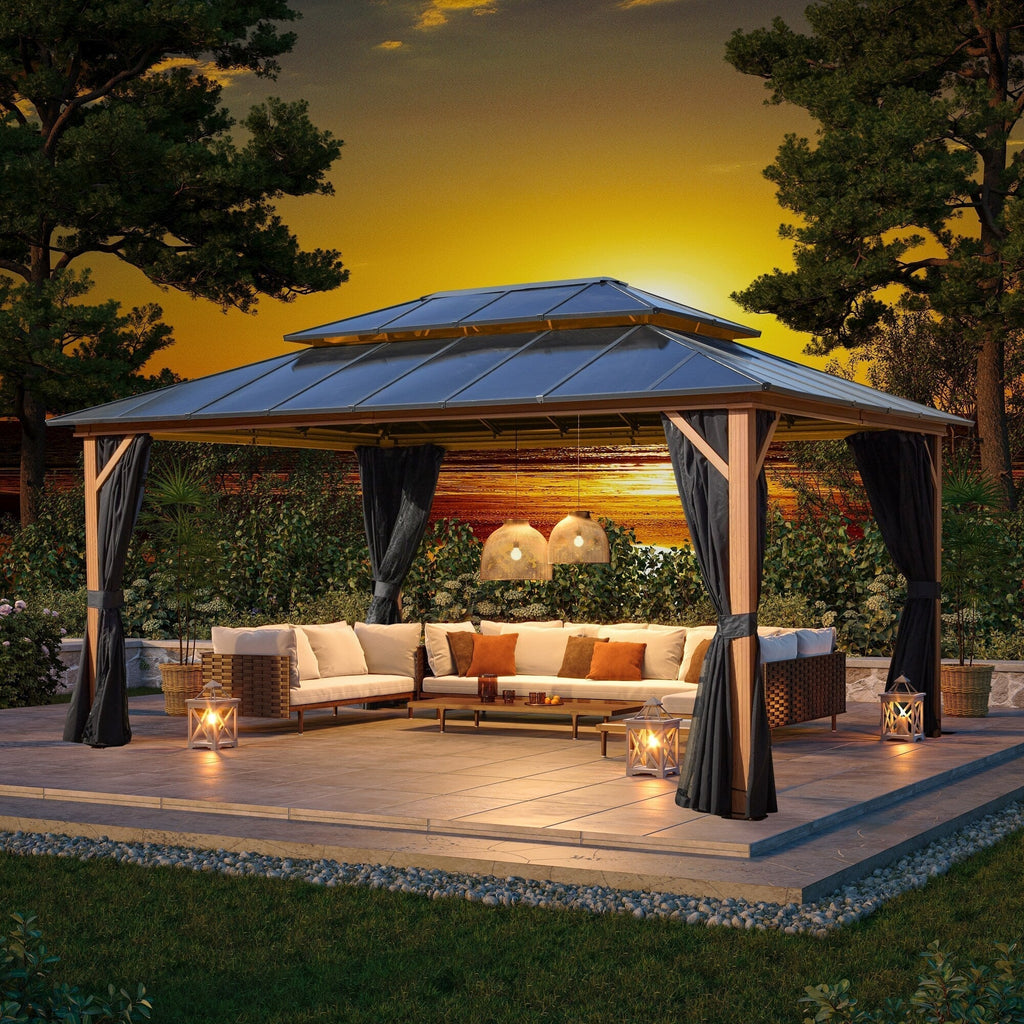 EROMMY Hardtop Gazebo,Outdoor Pergola with Double Roof & Netting & Curtains,Heavy Duty Canopy for Patio, Backyard, Pool party