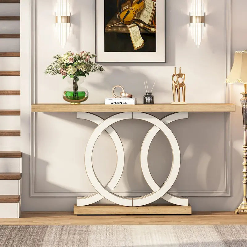 Vintage Console Table with Geometric Base Wooden Hallway Table