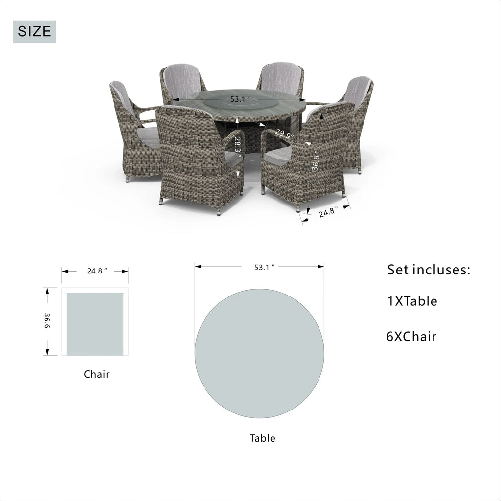 7 Pieces Outdoor Rattan Wicker Patio Round Dining Set with Cushions by Moda Furnishings