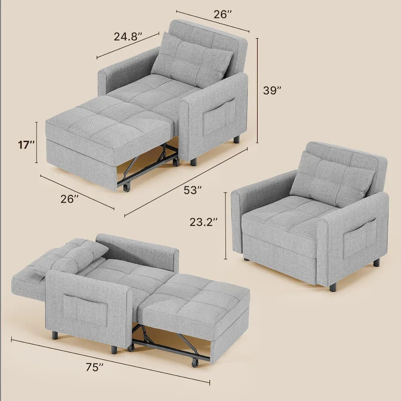 3-in-1 Pull-Out Sofa Bed Sleeper Chair , Convertible Adjustable Foldable Upholstered Lounge Couch