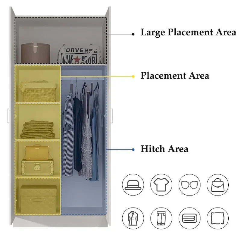 2-Door Wardrobe Armoires Freestanding Bedroom Armoire with Hanging Rod