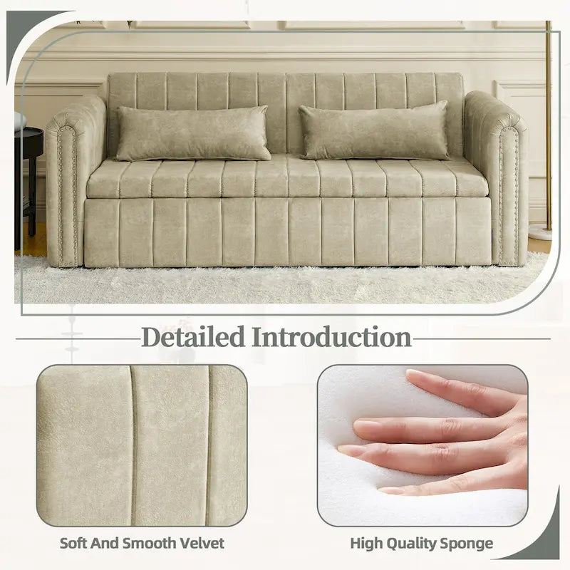 Velvet Upholstered Modern Convertible Sleeper Lounge Sofa Bed with Rolled Arms Decorated with Copper Nails
