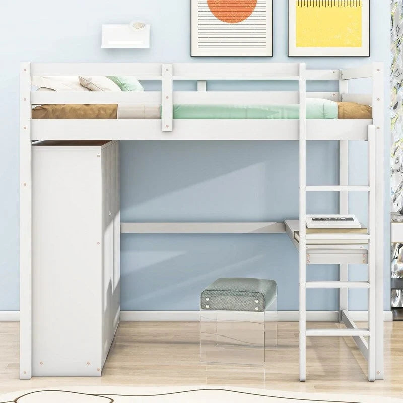 Full Size Wood Loft Bed with Built-in Wardrobe, Desk, Storage Shelves and Drawers