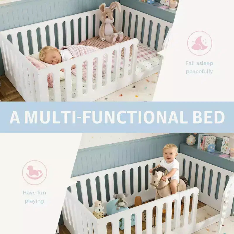 White Twin Montessori Floor Bed with Fence Rails & Door ??Solid Wood, 1 Child