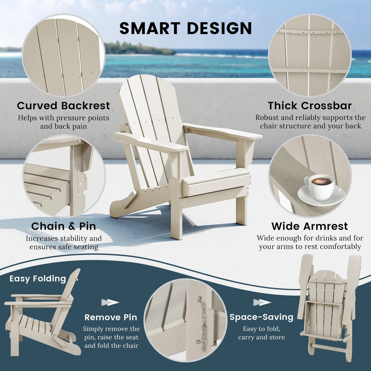 Polytrends Laguna Fade Resistant All Weather Outdoor Patio Folding Adirondack Chair