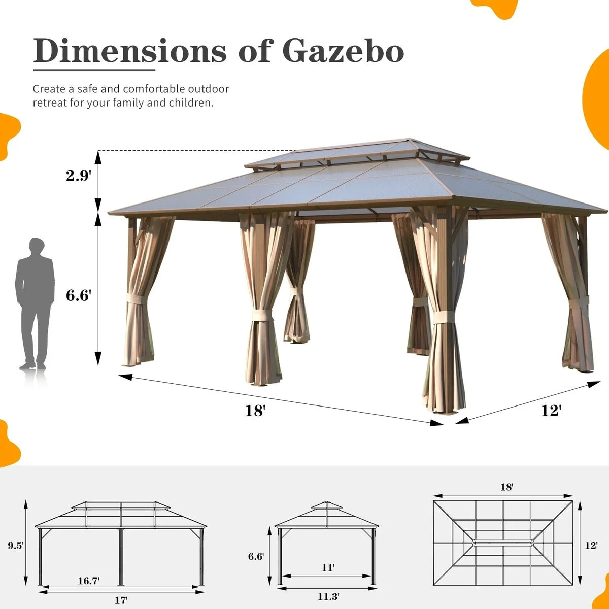 EROMMY Hardtop Gazebo,Outdoor Pergola with Double Roof & Netting & Curtains,Heavy Duty Canopy for Patio, Backyard, Pool party