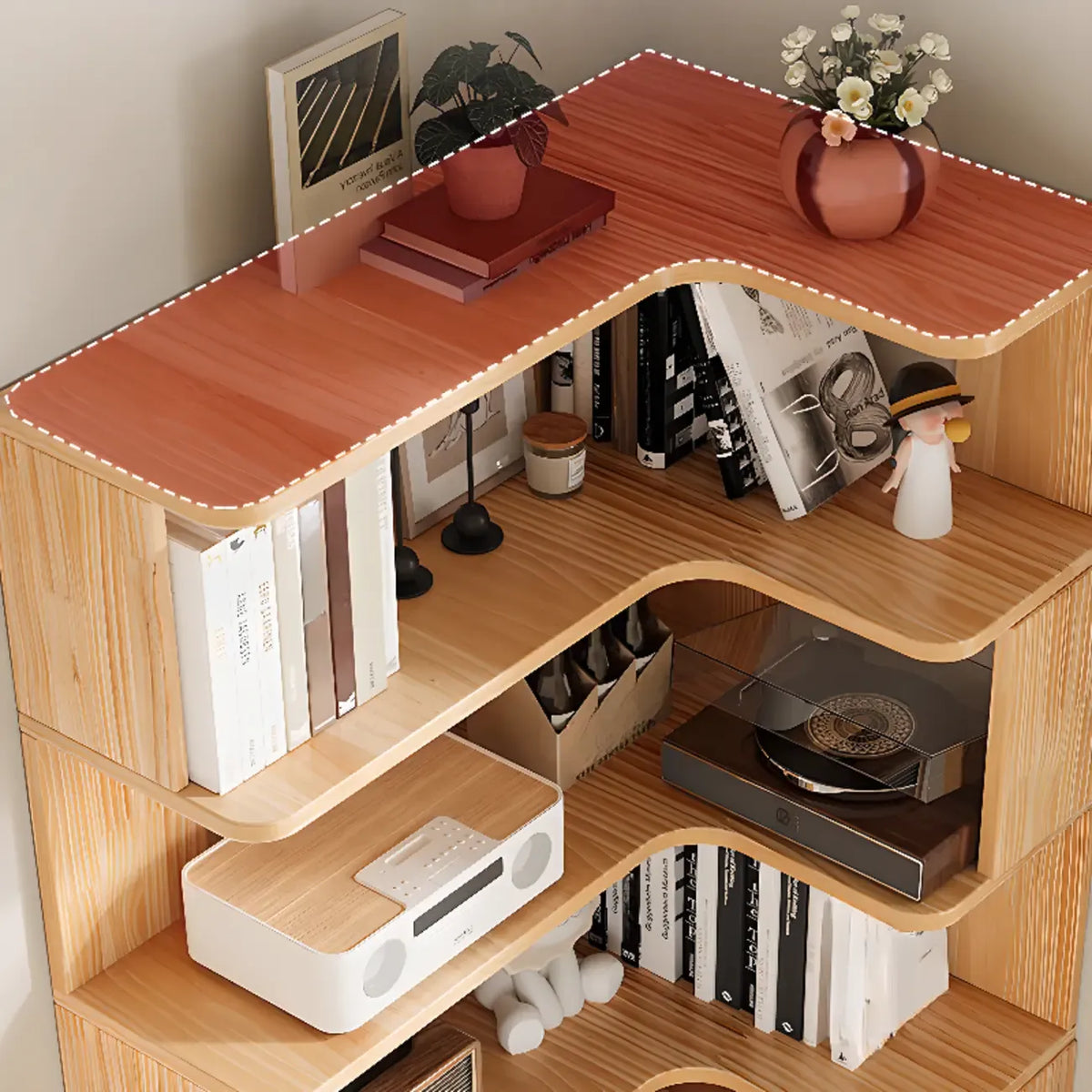 Natural Finish L-Shaped Vertical Wood Open Back Bookcase