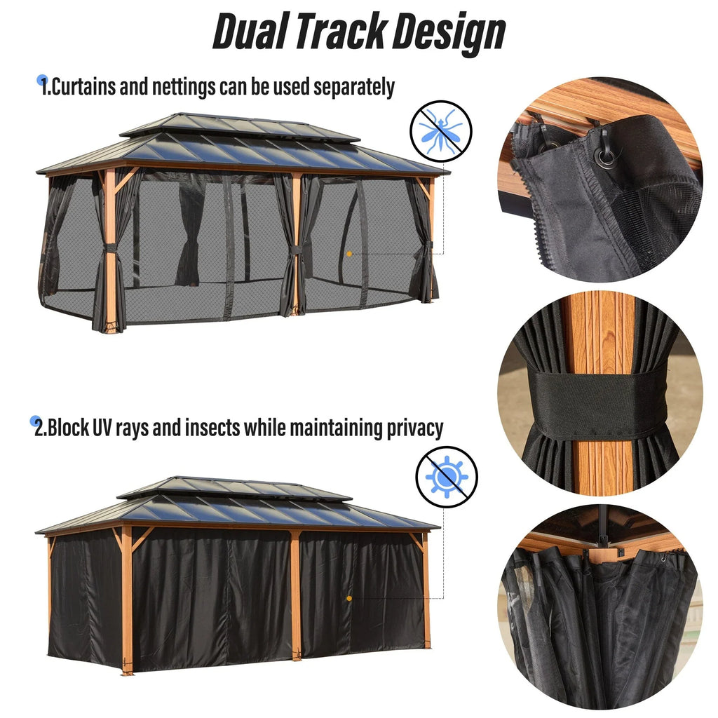 EROMMY Hardtop Gazebo,Outdoor Pergola with Double Roof & Netting & Curtains,Heavy Duty Canopy for Patio, Backyard, Pool party