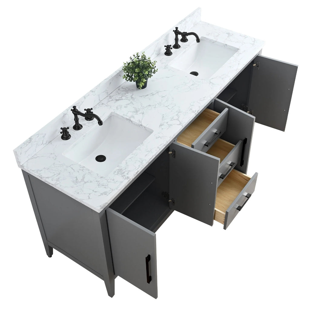 Vanity Art 72 Double Sink Bathroom Vanity Cabinet with Engineered Marble Top