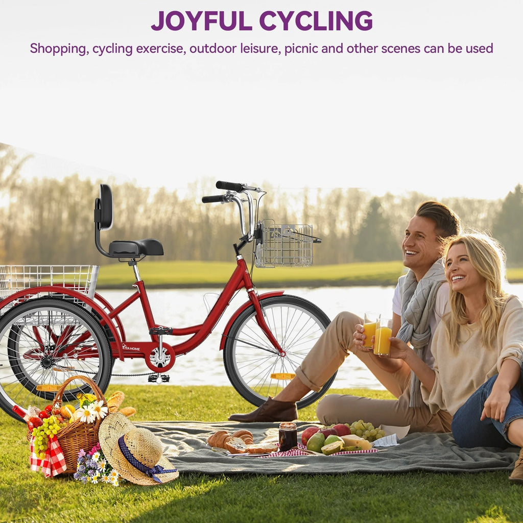 26 Blue Adult Tricycle 3 Wheel Bikes with Removable Baskets