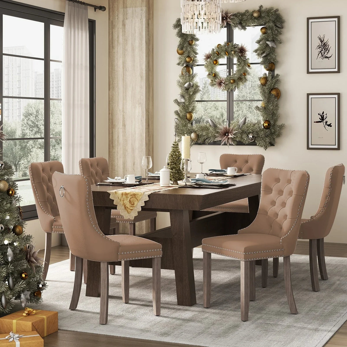 Upholstered Tufted Velvet Dining Chair with Solid Wood Legs Set of 6