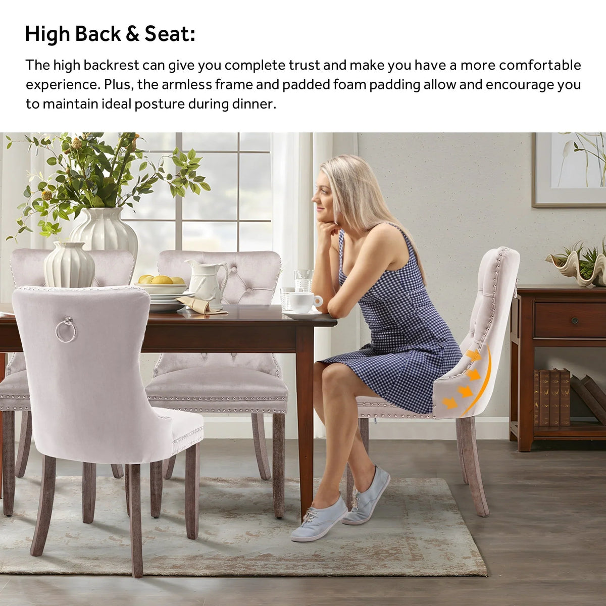 Upholstered Tufted Velvet Dining Chair with Solid Wood Legs Set of 6