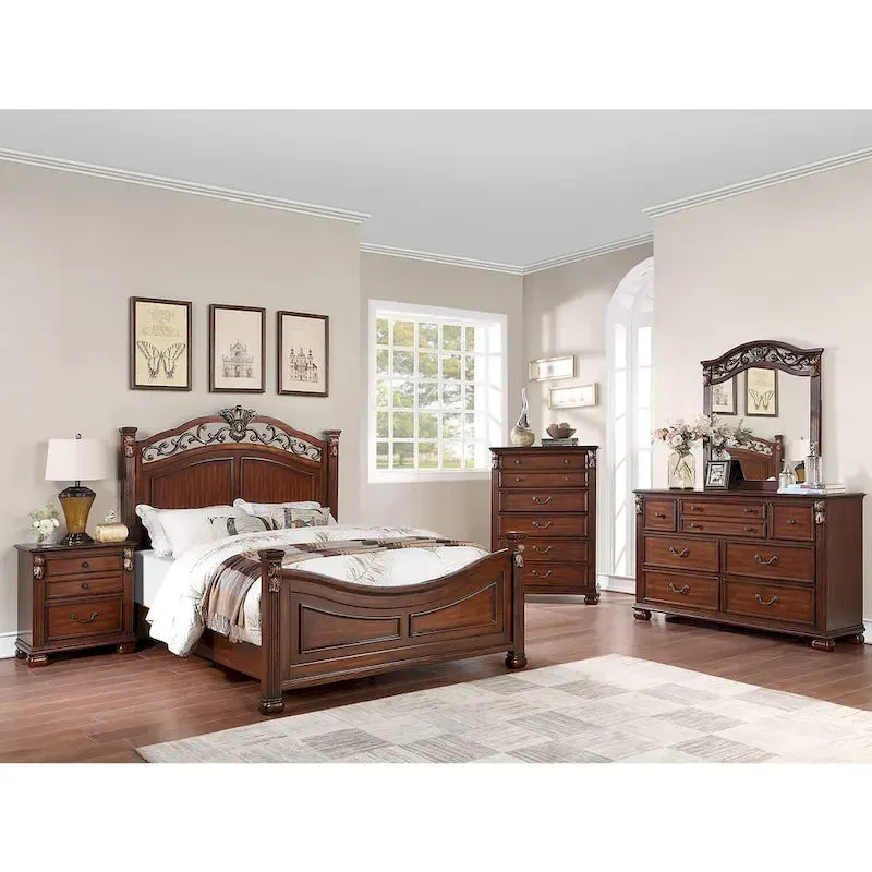 Wooden Bed with Crafted Headboard in Dark Cherry
