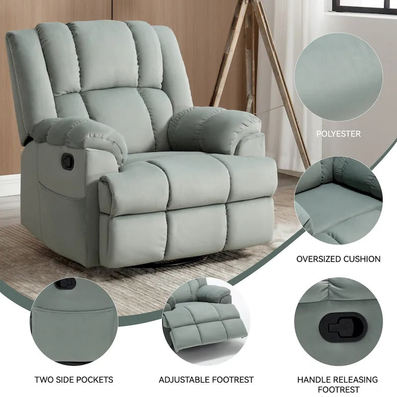 Green Oversized Manual Recliner with Swivel, Rocking, and Fabric Upholstery