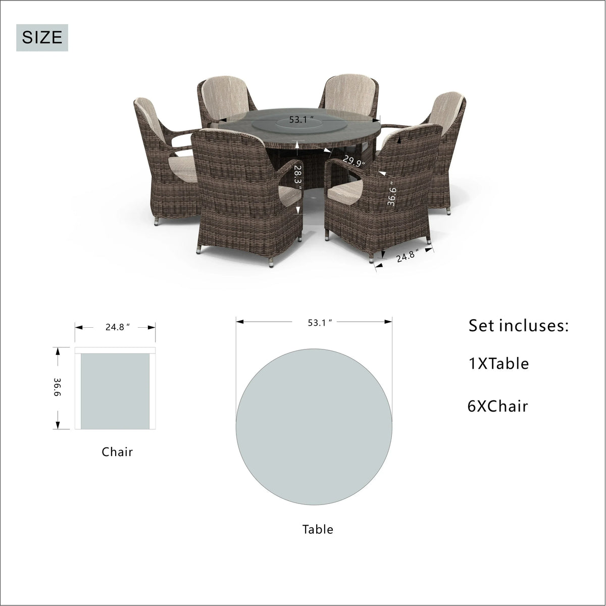7 Pieces Outdoor Rattan Wicker Patio Round Dining Set with Cushions by Moda Furnishings