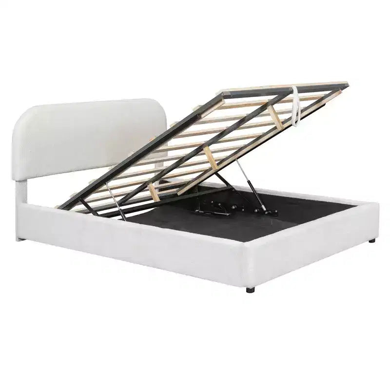 Queen Size Upholstered Bed with Lift-Up Storage - White