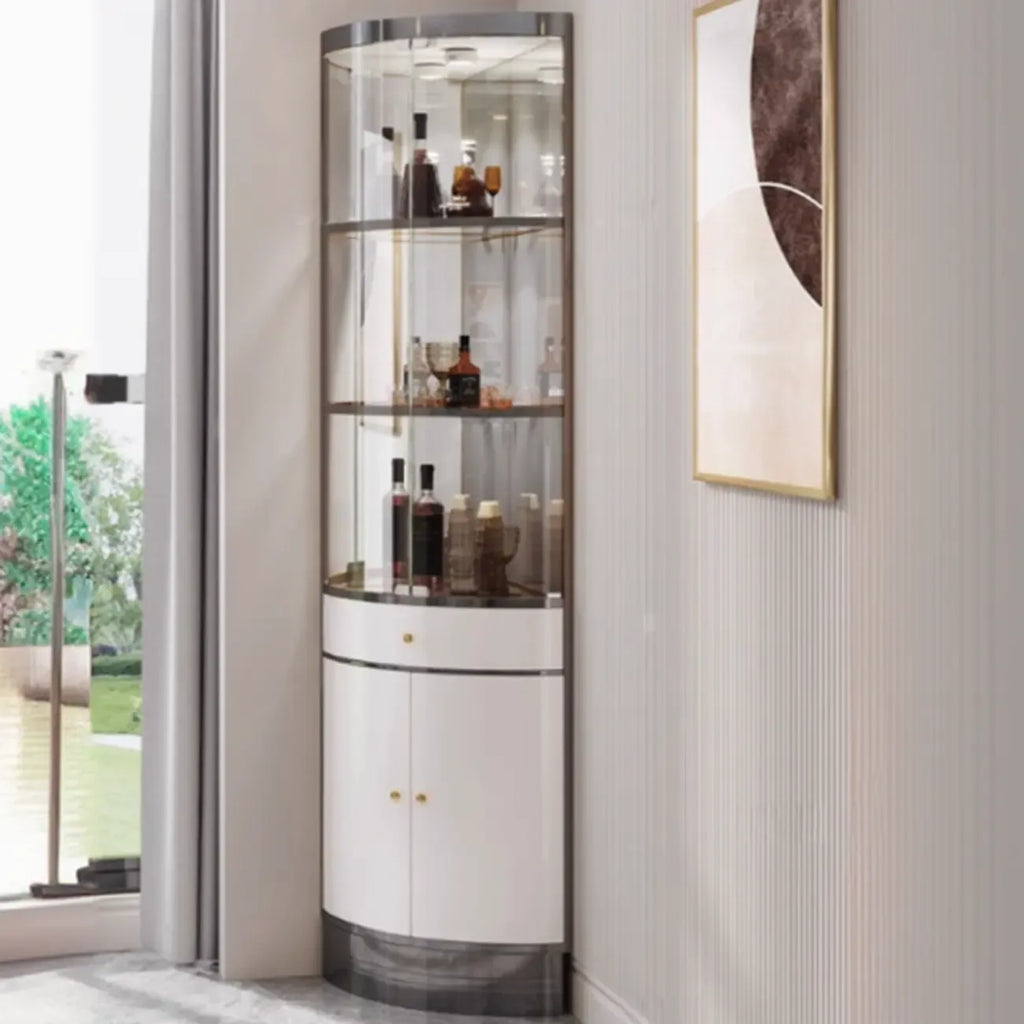 Multiple Levels Glass and Metal Shelf Storage Display Corner Wine Cabinet
