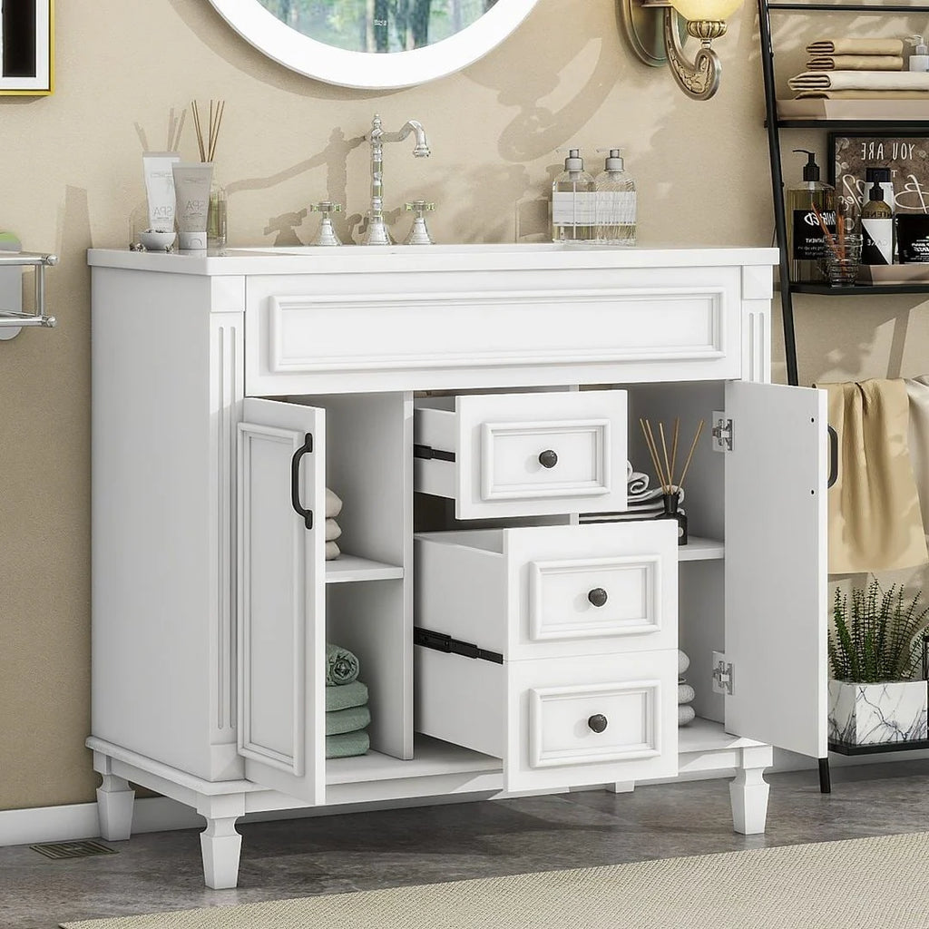 36'' Modern Bathroom Vanity with Top Sink and Mirror Cabinet,2 Doors and 2 Drawers