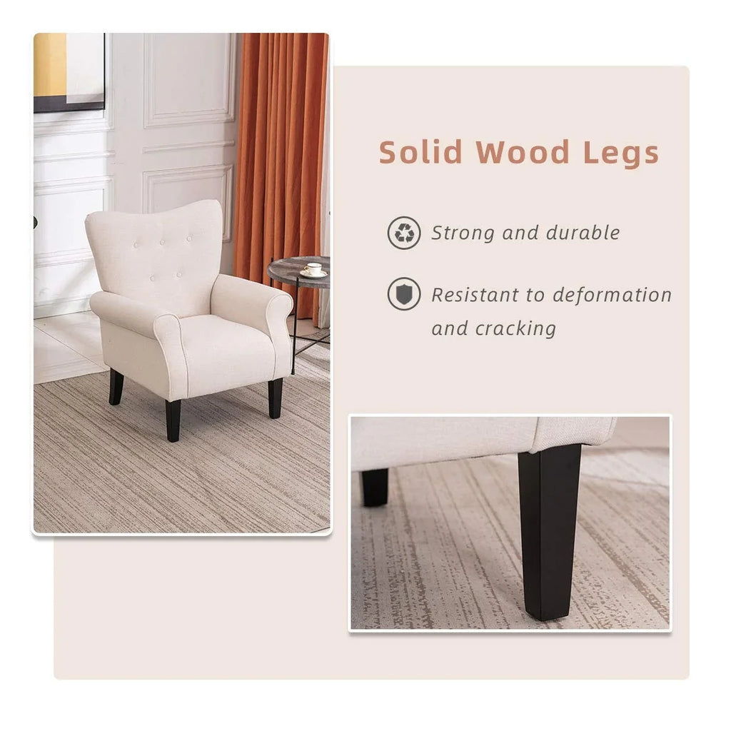Erommy Modern Accent Chair, High Back Armchair, Upholstered Fabric Button Single Sofa with Wooden Legs for Living Room