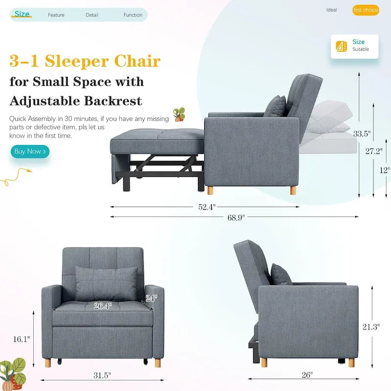 AECOJOY 3 in 1 Sleeper Sofa Chair w/ Pillow &Convertible Backrest