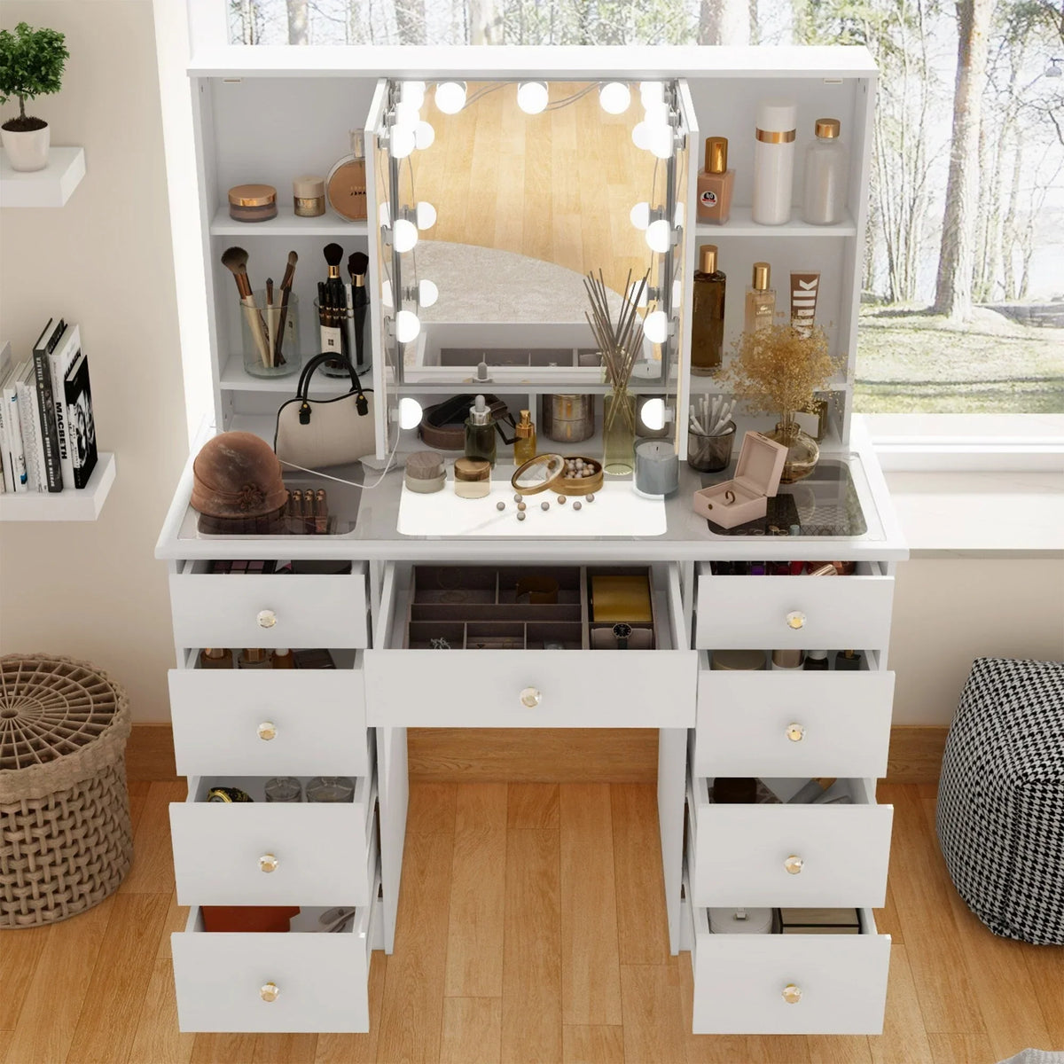Makeup Vanity w/Tri-Fold Mirror Certified Lighting Glass Top Dresser